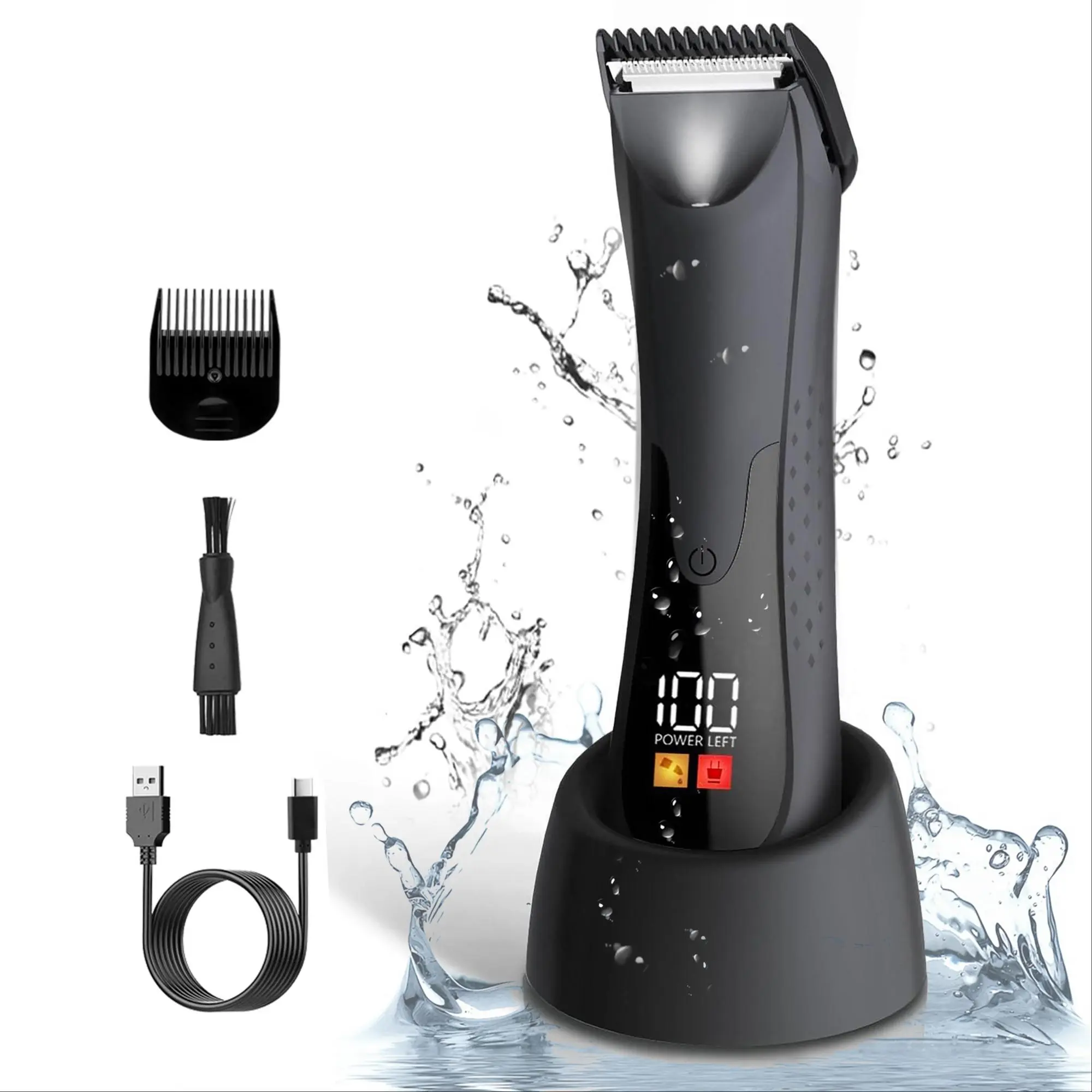 Electric Hair Trimmer, Waterproof Body Hair Clipper with LED Light, USB Rechargeable Hair Trimmer for Men, Body Grooming Tool