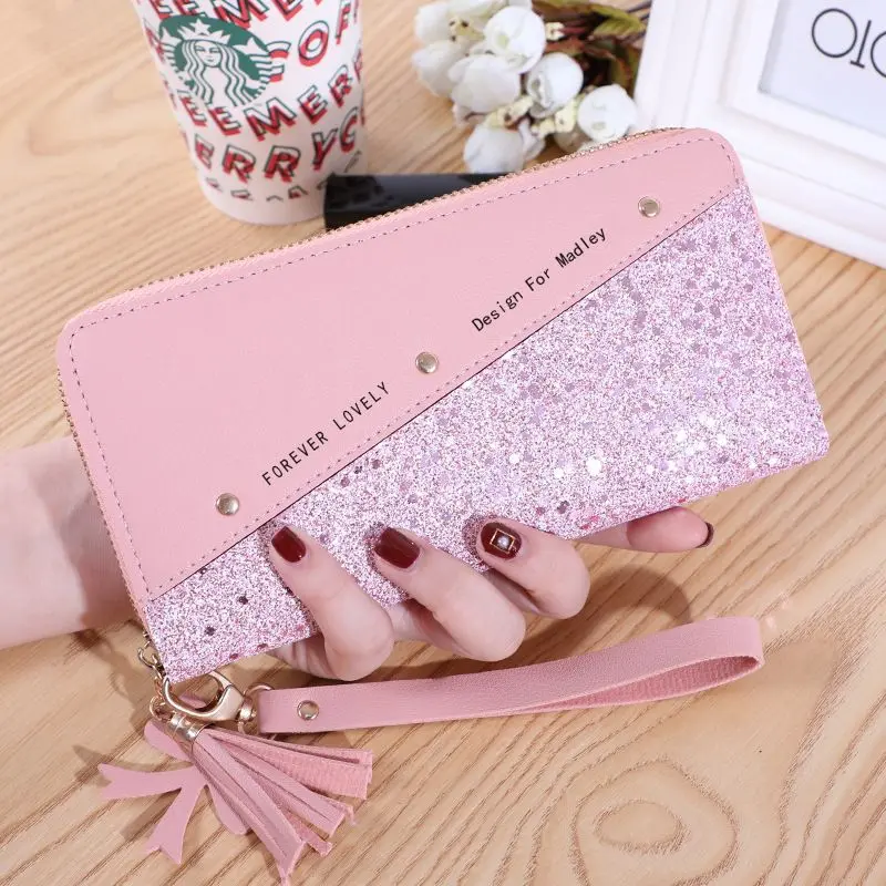 2024 New Wallet Women's Long Zip Wallet Women's Korean-Style Stitching Contrast Color Tassel Wild Card Holder Mobile Phone Bag