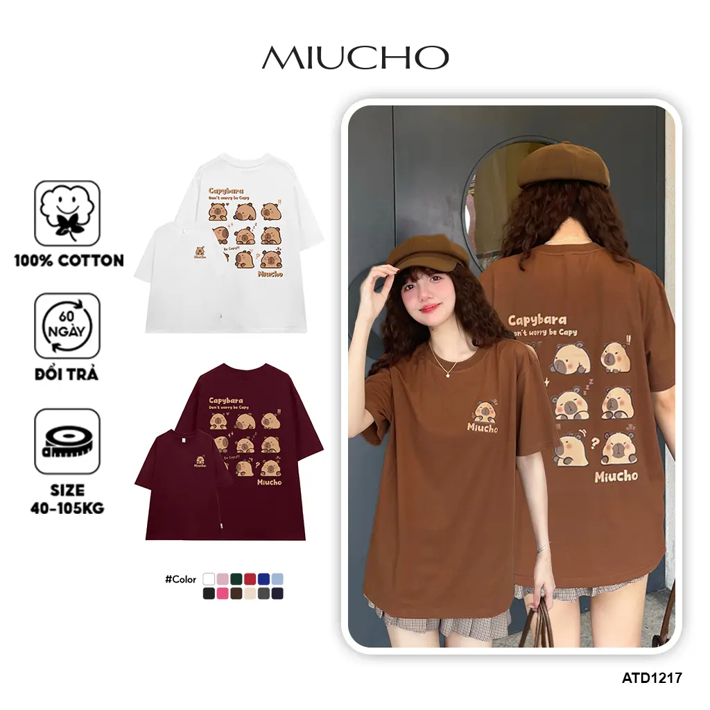 Áo thun unisex Gấu Capybara form rộng tay lỡ màu xinh ATD1217 Miucho vải cotton thoáng mát cổ tròn in mix