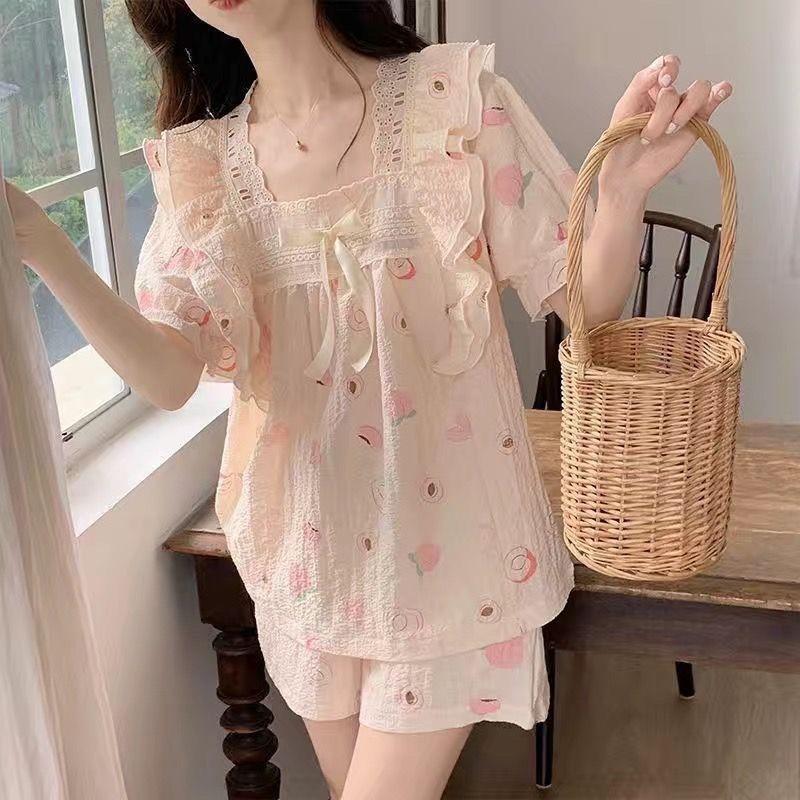 Product Introduction of Bộ đồ ngủ bằng vải bông mùa hè của phụ nữ Dễ thương Patrick Ngôi sao ngắn tay ren trang trí bong bóng Nếp nhăn Mục vụ Loungewear hai mảnh Áo 24