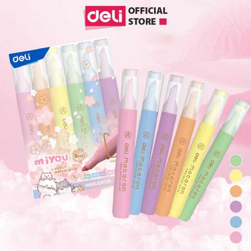 Set 6 bút highlight đánh dấu dòng màu pastel Deli - Bút nhớ dòng màu macaron - bút dạ quang đầu vát tiện lợi trang trí vở sổ học sinh văn phòng