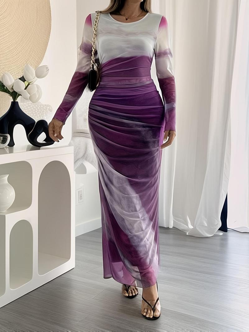 Product Introduction of Women's All Over Print Ruched Bodycon Dress, Elegant Long Sleeve Round Neck Long Dress for Party Holiday Wedding Guest, Ladies Clothes for All Seasons， Tall Clothing Women 12