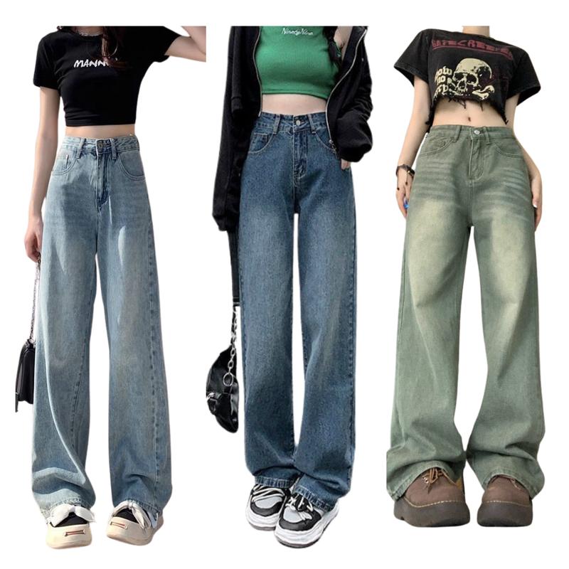 Quần Jean Nữ Màu Retro Loại Ống Rộng Cạp Cao Lưng Cao Pants Voi Women Ong quần ống