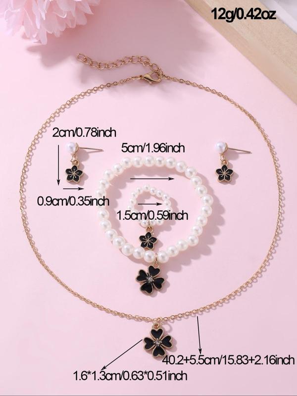 Cute Four-leaf Clover Design Faux Pearl Decorated Jewelry Set, Fashion Necklace Earrings Ring Bracelet for Girls, Trendy All-match & Exquisite Jewelry for Birthday Gift 5