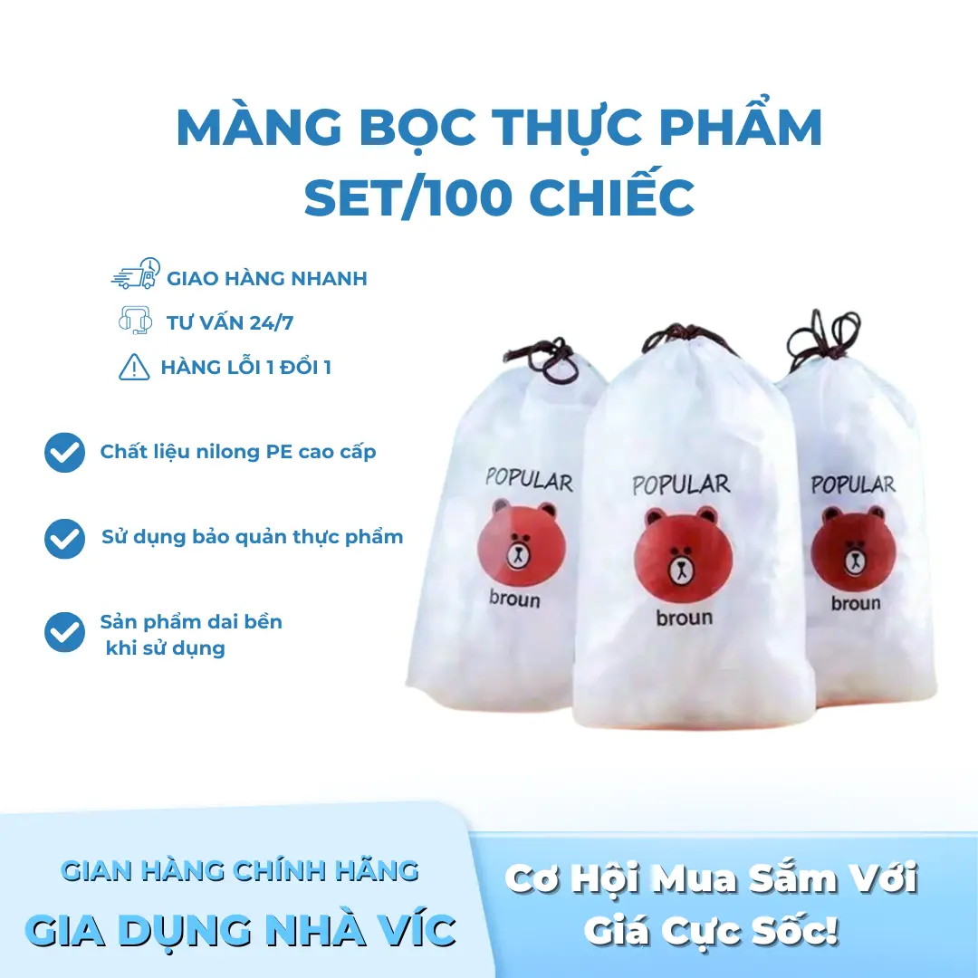 Màng Bọc Thực Phẩm Co Giãn Tiện Lợi Dễ Sử Dụng Có Túi Đựng Hình Gấu (Set 100 Chiếc)