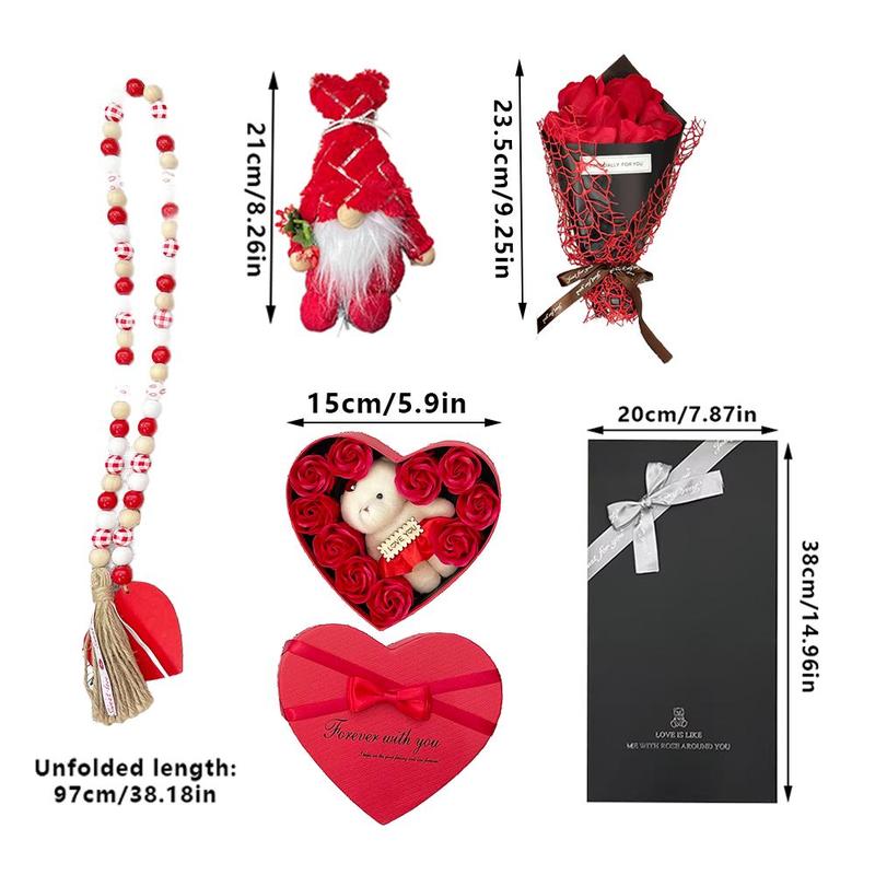 Product Introduction of Valentine's Day Gift Box, 1 Set Including Wooden Bead Necklace, Gnome Doll, Rose Bouquet & Bear Gift Box, Gifts for Women, Mother's Day Gift 1