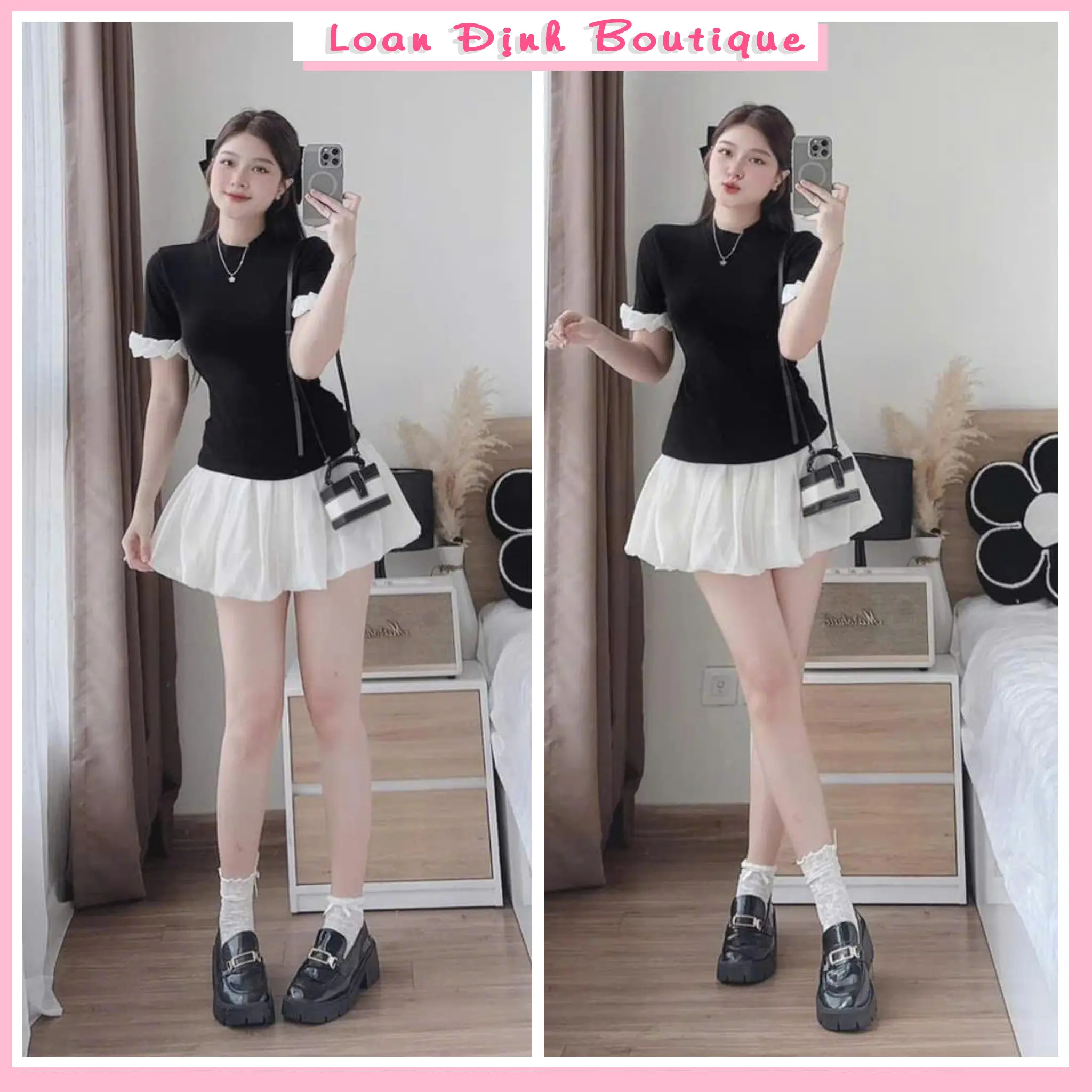 Set Bộ Áo Zip Đen Mix Chân Váy chất Tơ Đũi Xòe Bồng Dành cho Nữ Dễ Mặc By Loan Định Boutique LD074 Nhung Kem Top Women Women