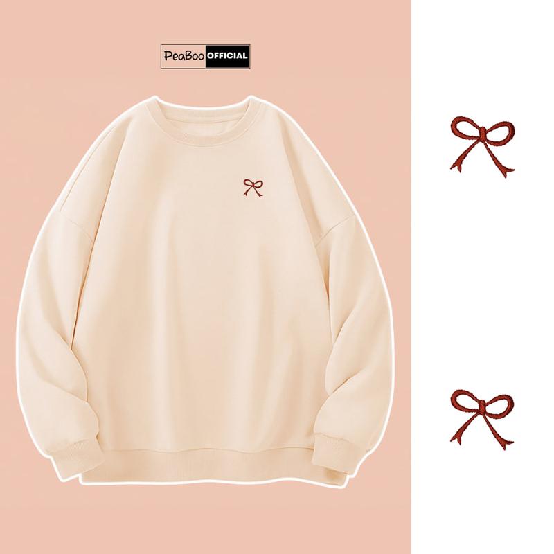 Áo Sweater THÊU Nơ Đỏ Nam Nữ By PEABOO Unisex Chất Nỉ Lót Bông Form Rộng