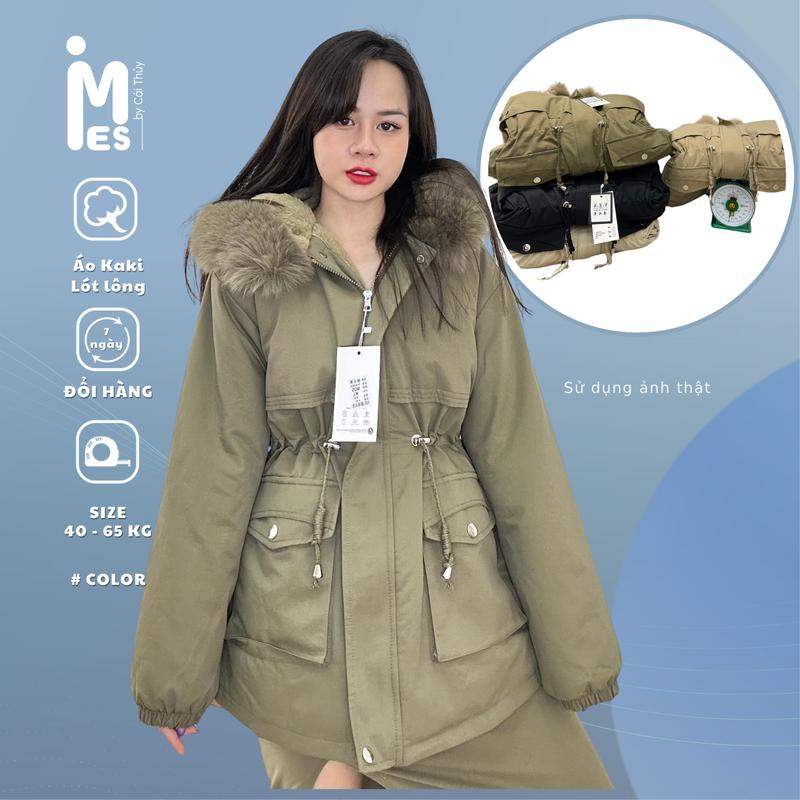 Áo khoác Parka Kaki  Có Cổ  lót lông dáng dài, dây rút eo điểm nhấntúi ốp, phong cách Ulzang Hàn Quốc 905 1840 Imes Shop Jacket Top Nữ Women