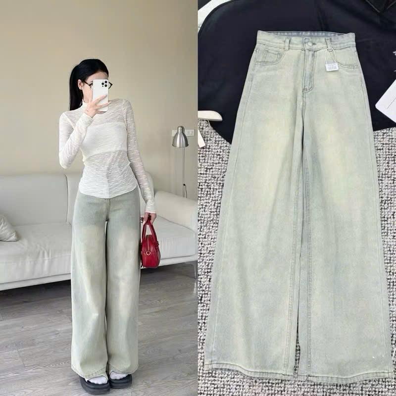 Quần bò ống suông cạp cao màu xanh ánh bạc trơn cạp cao hack dáng . đủ size XS…