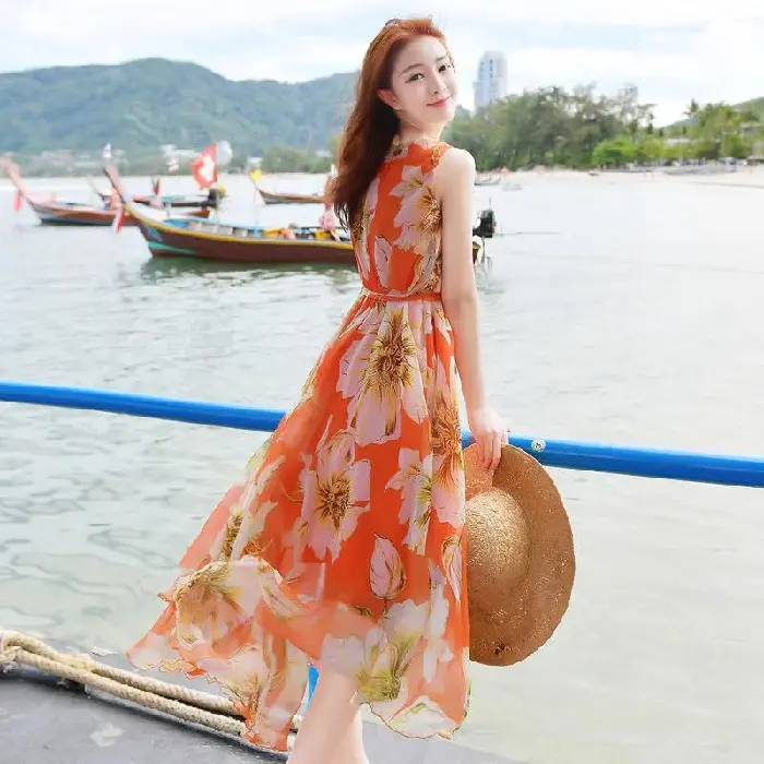 Đầm Dài Voan, Phong Cách Mùa Hè, Dành Cho Nữ, Cổ Tích Dài, Siêu Thanh Lịch, Thích Hợp Đi Biển, Đi Kỳ Nghỉ Bờ Biển, Có Sẵn Trong 5