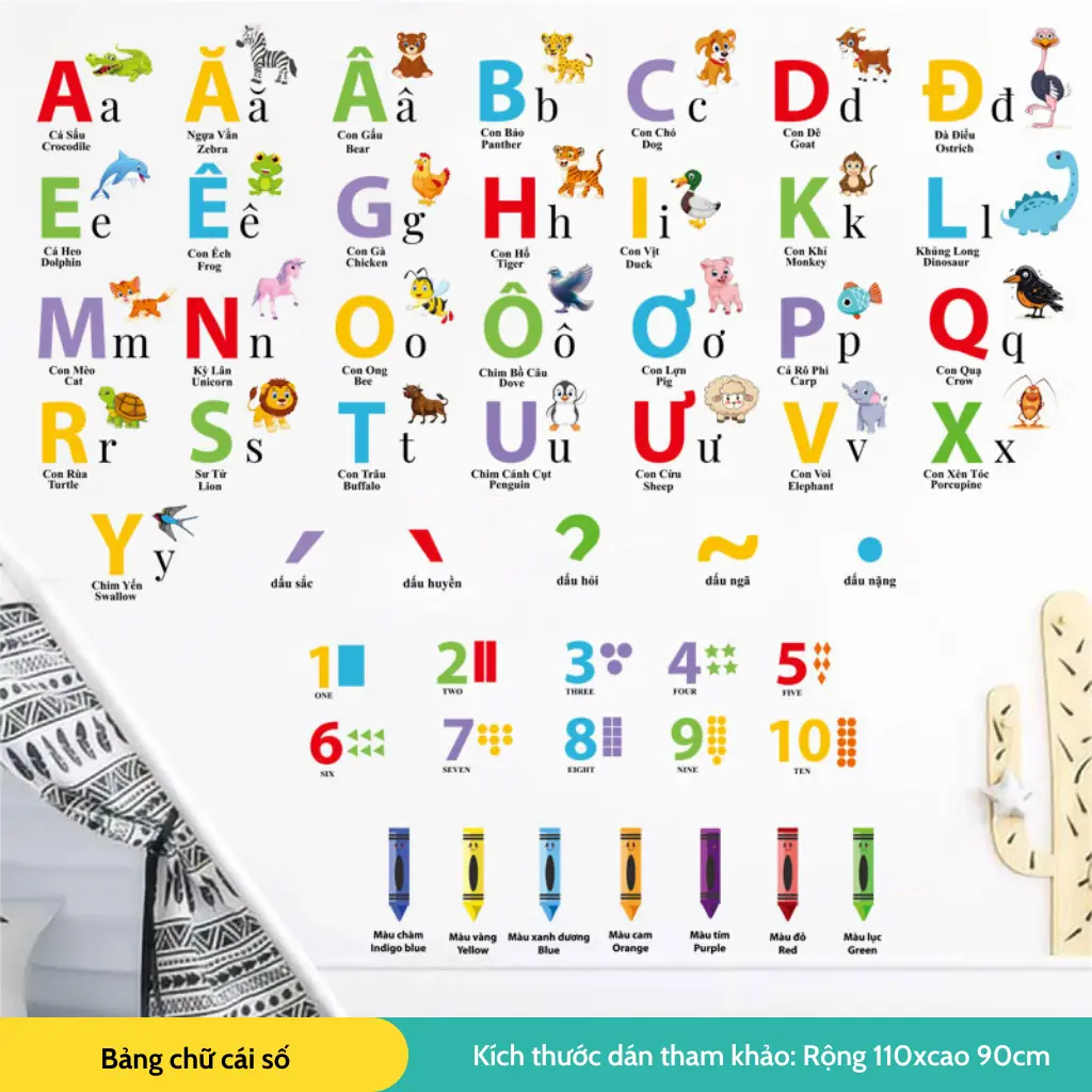 Decal dán tường cho bé bảng chữ cái Tiếng Việt, Tiếng Anh, số, hình học, màu sắc, dán chi tiết rời