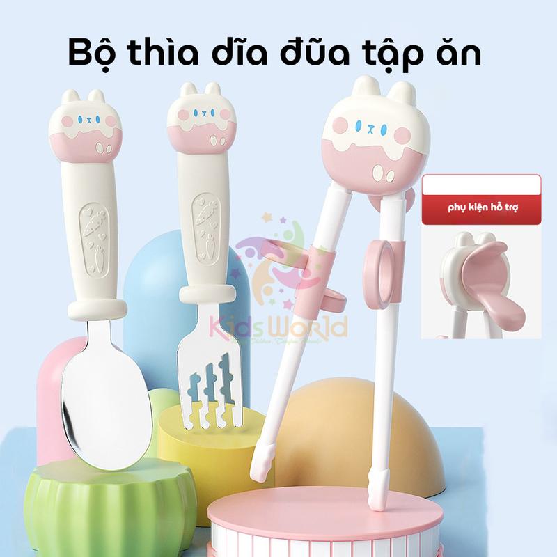 Bộ thìa nĩa đũa tập ăn cho bé KidsWorld hình thỏ đũa tập gắp xỏ ngón chống trượt cho bé ăn dặm Voi