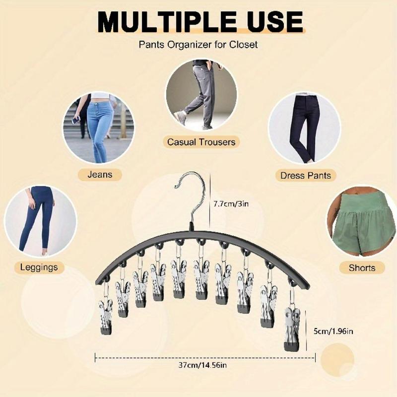 Product Introduction of Stainless Steel Leggings Hanger, 2 Counts Space Saving Curved Hanger with 10 Clips, Pants Socks Hanger for Clothes Shops, Home Organizer 1
