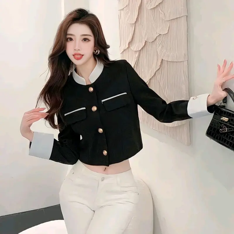 Blazer Hiora - Outer Wanita Crop Gaya Korea Terbaru - Baju Wanita Kerja Kantor Polos Variasi Plat Warna Hitam Putih 1