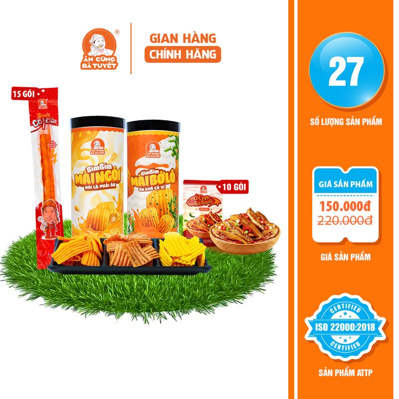 COMBO PHONG ẤN gồm:  bimbim  mái ngói 1 hũ+ bimbim bờ lô 1 hũ + 15 gói cột điện+ snack cá cơm tê Cay 10 gói -ĂN CÙNG BÀ TUYẾT