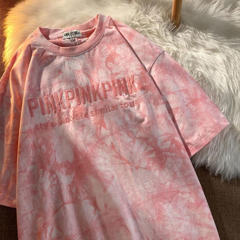 Product Introduction of Tie-Dye Top T-Shirt Embroidered Letters Couple Outfit Best Friend Outfit Short Sleeve T-Shirt Women Summer Loose Casual Top T-Shirt 4