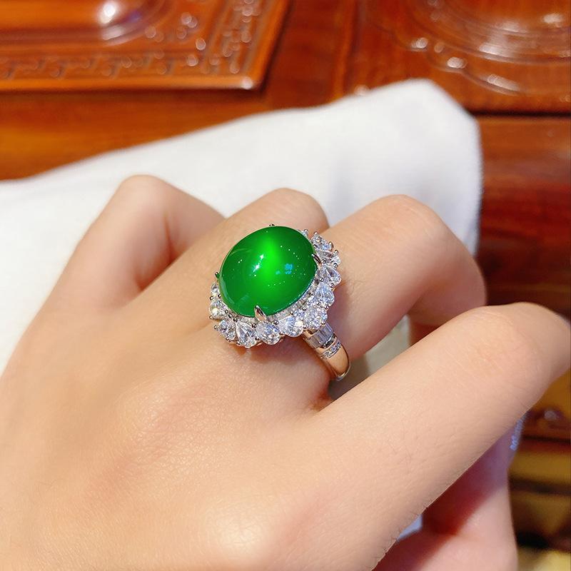 Product Introduction of Natural ice-permeable chlorite agate retro temperament full of zirconium open ring women, oval egg surface ring ornament 18
