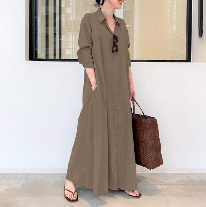 Product Introduction of Women European and American style cotton linen solid color lapel long sleeve insert bag simple loose casual long shirt dress 54