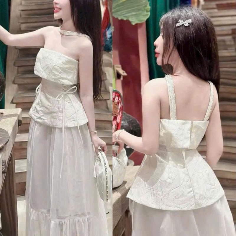  Set Đầm Váy Nữ. Áo Gấm Trễ Vai Phối Dây Cổ Đính Nơ Kèm Chân Váy Tơ Dáng Dài Women Top Kem Dress 