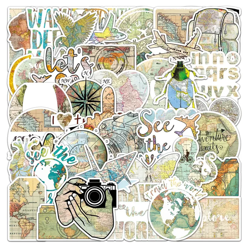 Travel Themed Car Sticker, 50pcs/set Waterproof Self Adhesive Decor Paper, Decor Sticker for Car, Gift Greeting Card, Water Bottle, Laptop & Phone 2