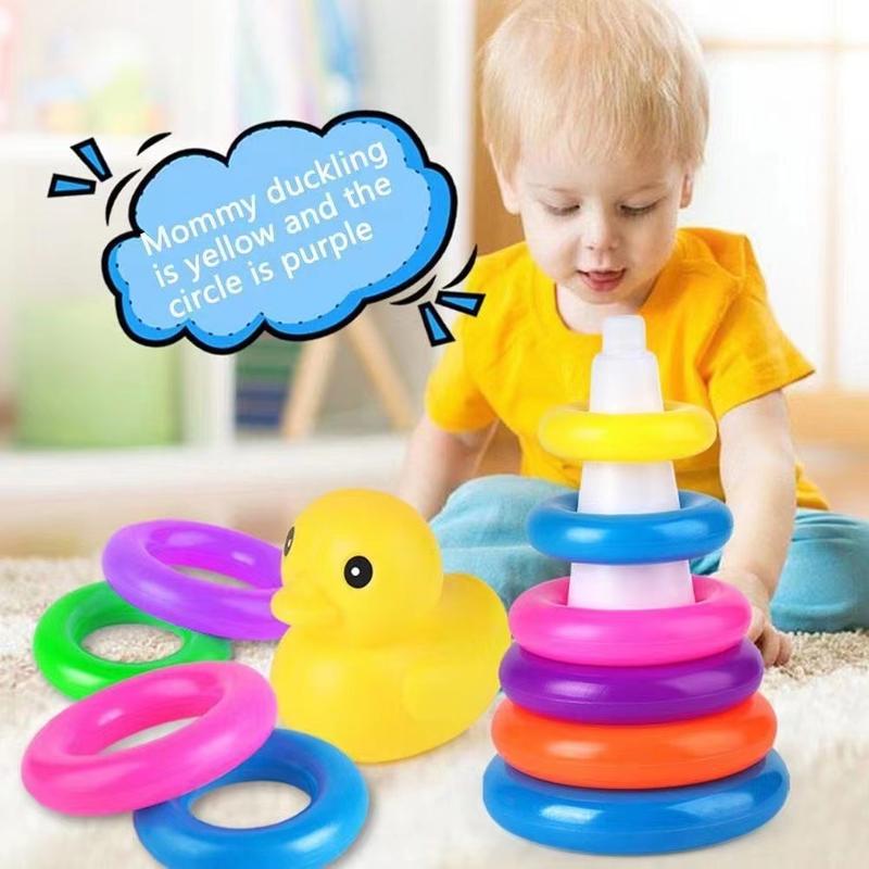 Kid Stackable Rings kid toy Rainbow Color Stacking Rings Tower Duck Play Tub Development ...
