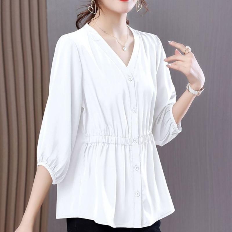 Product Introduction of OEMG Women's Shirt Loose plus Size Spring and Summer New Three-Quarter Sleeve Cinched Blouse Chiffon Shirt Belly-Covering Slimming Top 7