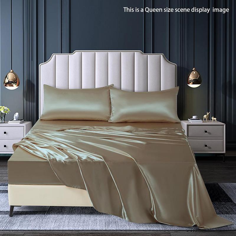 Solid Color Satin Bedding Set (4 Counts/set), Including 1 Flat Sheet, 1 Fitted Sheet & 2 Pillowcase without Filler, Soft Comfortable Bedding Set for Home Bedroom 6
