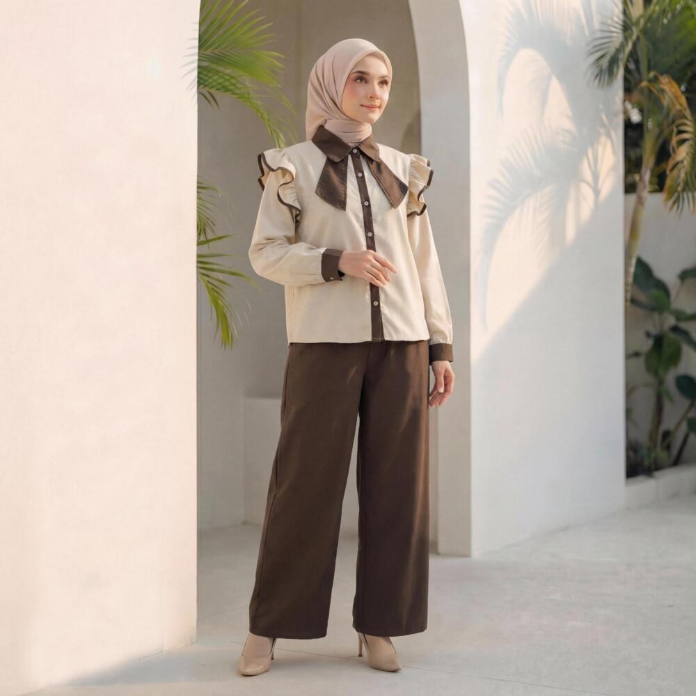 Asaya Setelan dua potong atasan dan celana longgar dengan kombinasi warna yang stylish dan terbaru.