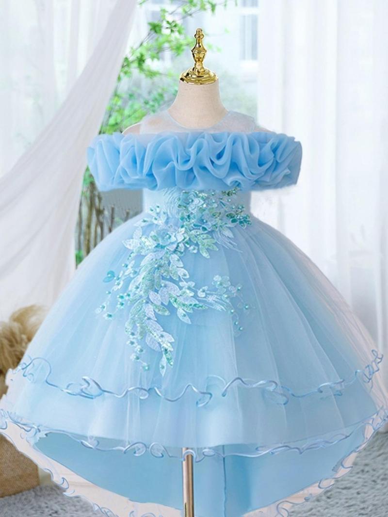 Product Introduction of Girl's Floral Embroidery Sequin Decor Tulle Dress, Elegant Cold Shoulder A Line Dress for Party Performance Wedding Guest, Kids Clothes for Summer 6