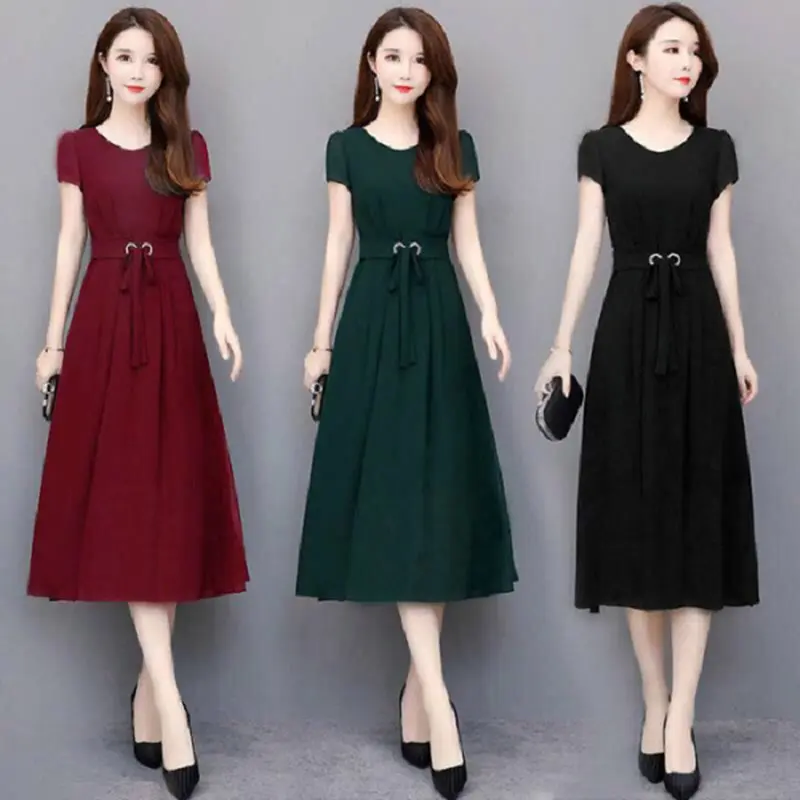 Plus Size Dress Female 2019 Summer Solid Color Short Sleeve Mid-Length Overknee Dress Waist Slimming Temperament A- line Big Hem Dress Basic Casual