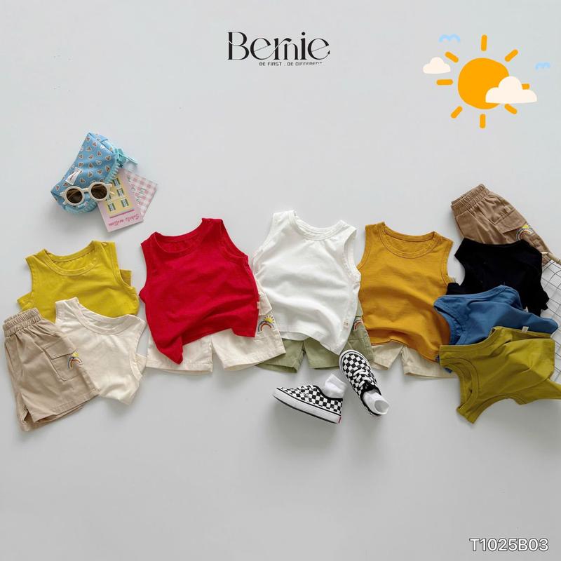  Set đồ bộ bé trai áo thun ba lỗ trơn kèm quần kaki túi thêu cầu vồng size 1đến 7tuổi BERNIE T0125B03 