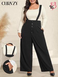 CURVZY Plus Size Solid Button Suspender Corduroy Overalls, Casual Pocket Wide Leg Suspender Pants for Daily Wear, Women's Plus Clothing for All Seasons