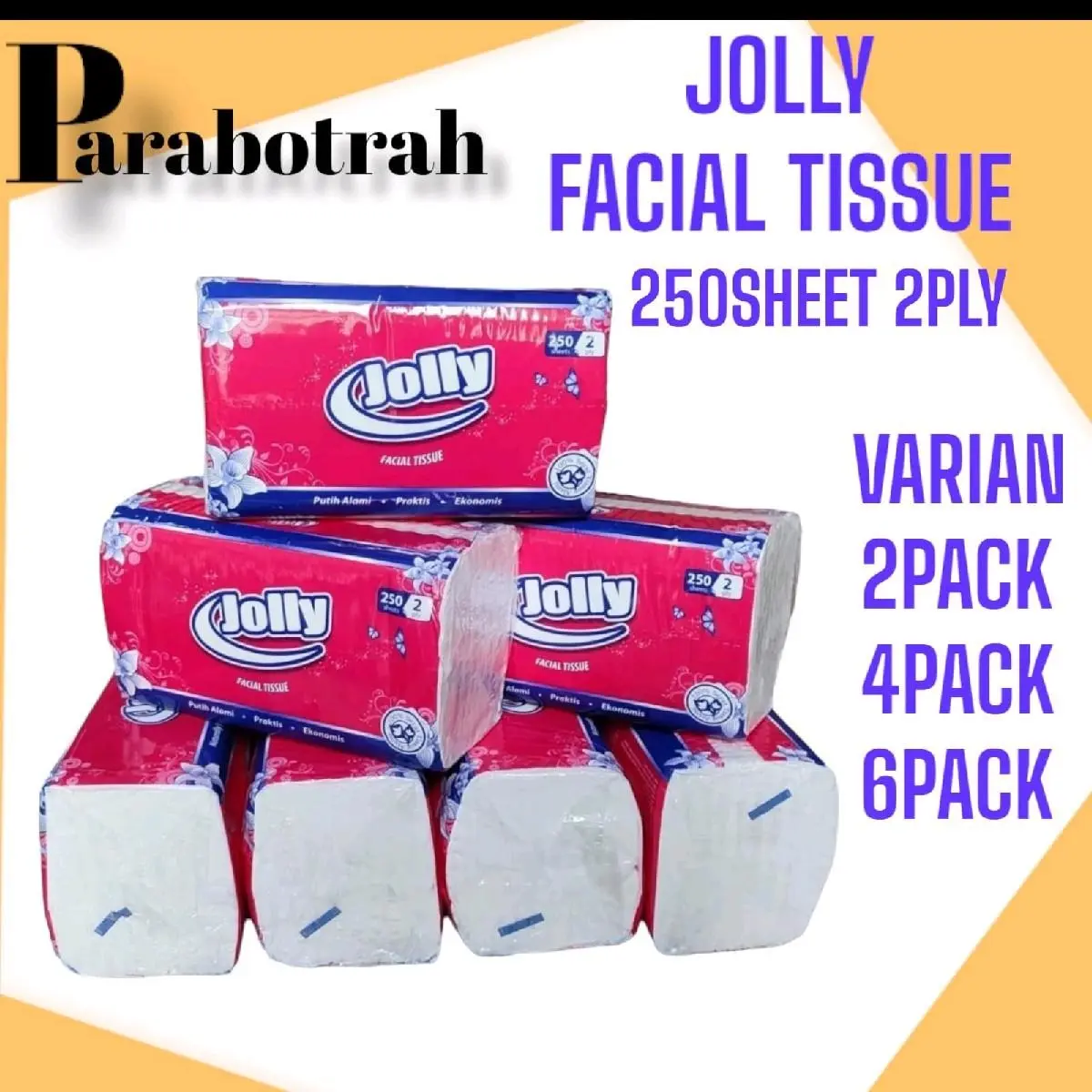 [ Paket 6 Pax ) 250 Sheets Jolly Facial Tissue / Tissue Wajah Jolly Murah / [FS] Facial Tissue Tisue Tisu Wajah Jolly by Paseo (6 pcs x 250 Sheets 2 ply) Lembut 2 Lapis Sekali pakai