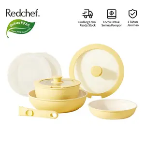Redchef Set Peralatan Masak Batu Keramik Anti Lengket Pegangan Dapat Dilepas 8 Buah Panci Anti Lengket Tanpa PFAS & PTFE & PFOA Cocok untuk Semua Kompor - Kuning 8 Buah Set