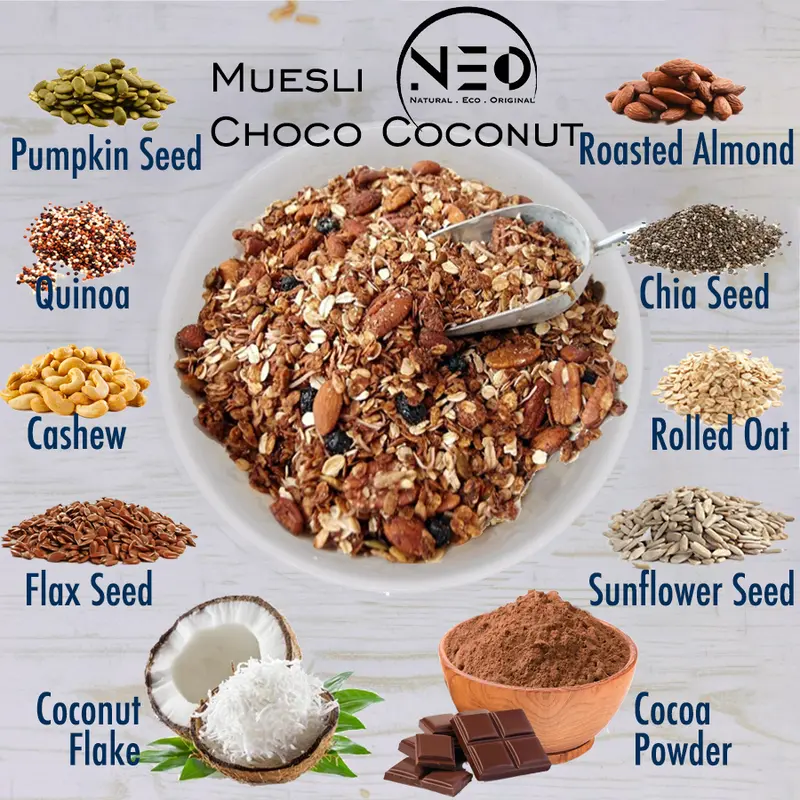 Muesli Choco Coconut Superfood Neo 500gram (1/2kg) - Sereal, Sarapan Praktis dan Lengkap Almond Granola 0