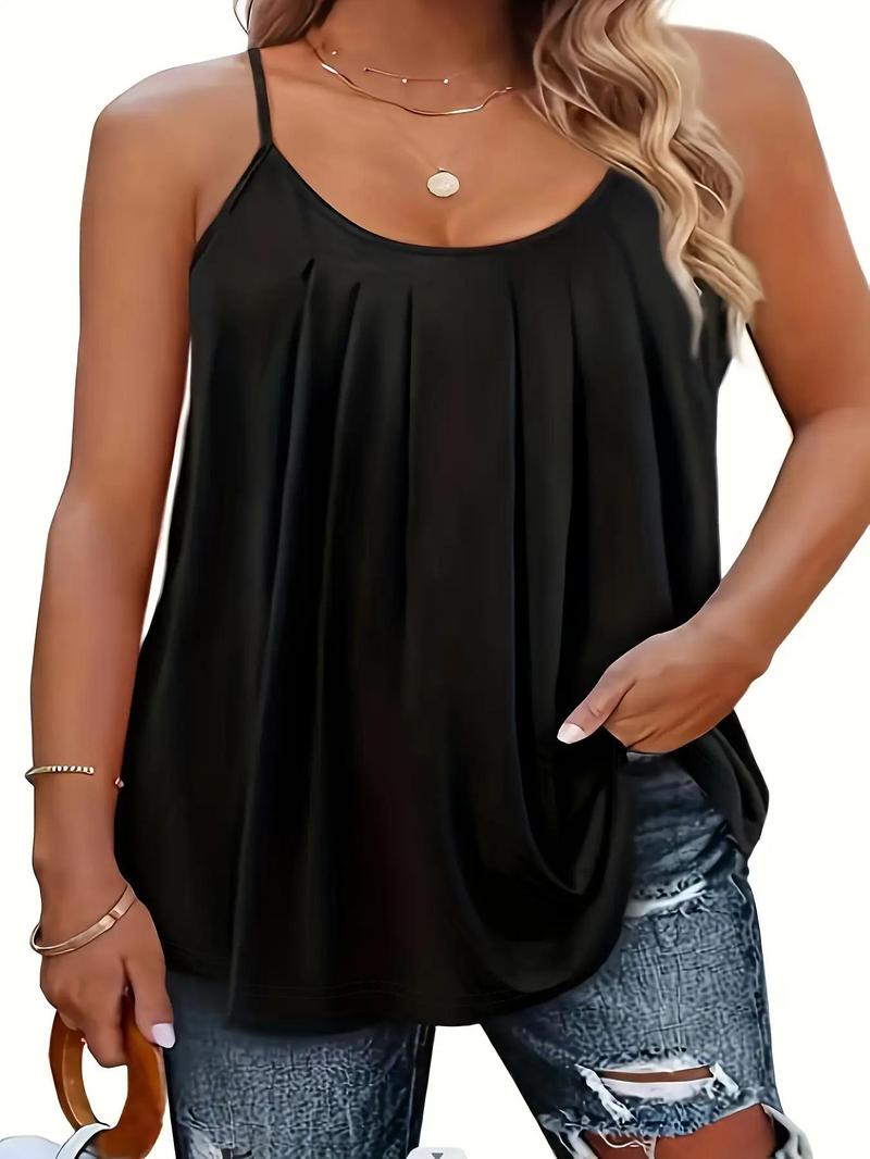 Product Introduction of Plus Size Solid Plicated Adjustable Strap Cami Top, Casual Spaghetti Strap Top for Summer, Women's Plus Clothing for Daily Wear 1