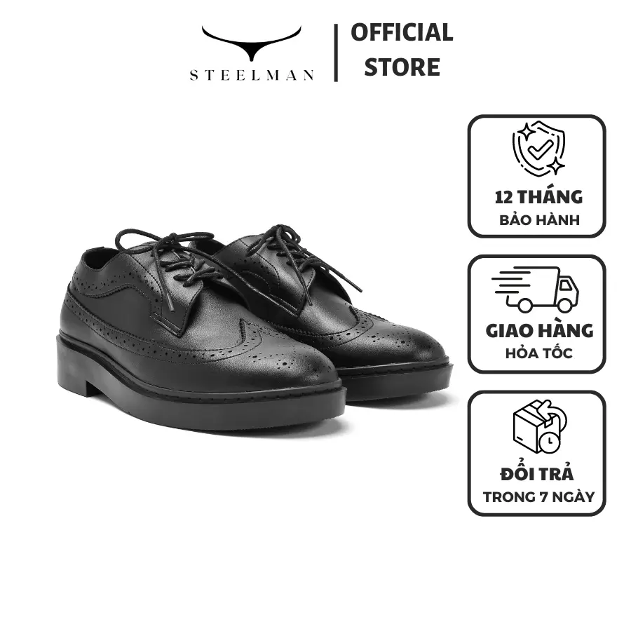 Giày da nam Derby Wingtip màu đen, đế cao su đúc khâu chắc chắn, kiểu dáng trang trọng