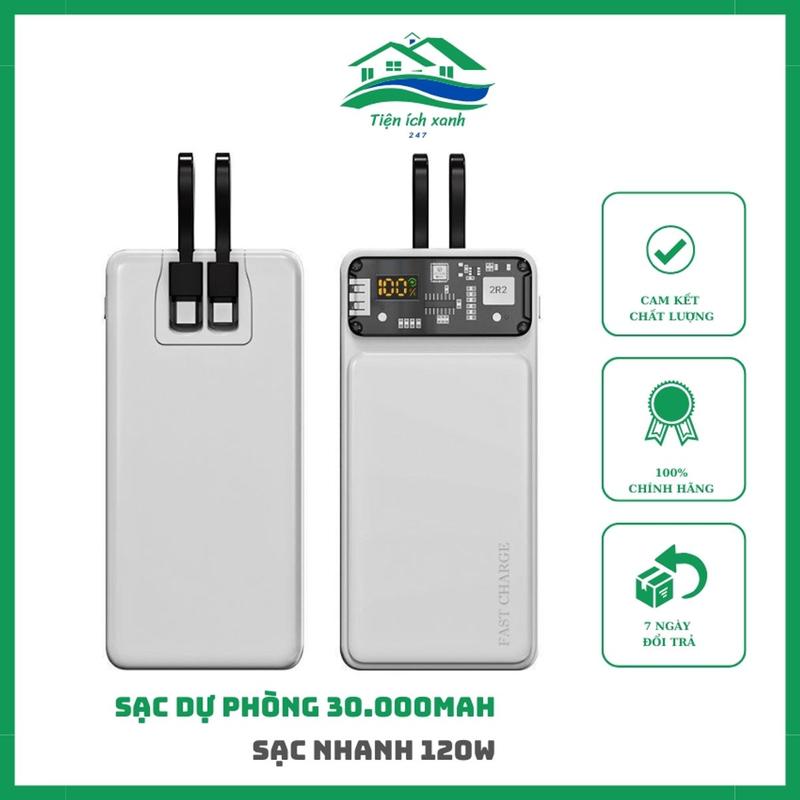 Sạc dự phòng 30000MAH Tích hợp 2 dây sạc Công suất nhanh 120w và PD 22,5w dung lượng pin lớn có sẵn dây cho nhiều thiết bị điện thȯại EZ Sạc Pin sạcpin