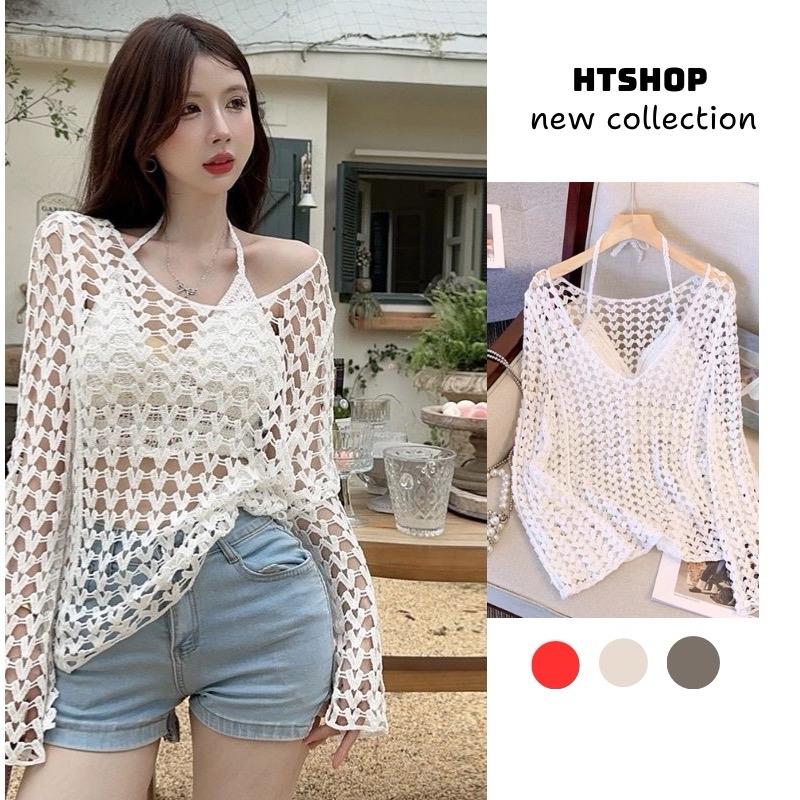 Set 2 áo đi biển gồm 1 áo bra sóng+ 1 áo choàng cổ tim len móc thời trang bikini hè 2024