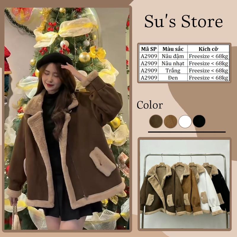 Áo Khoác Da Lộn Lót Lông Thỏ Dày Đai Cổ A2909 Susstore Top Women Jacket