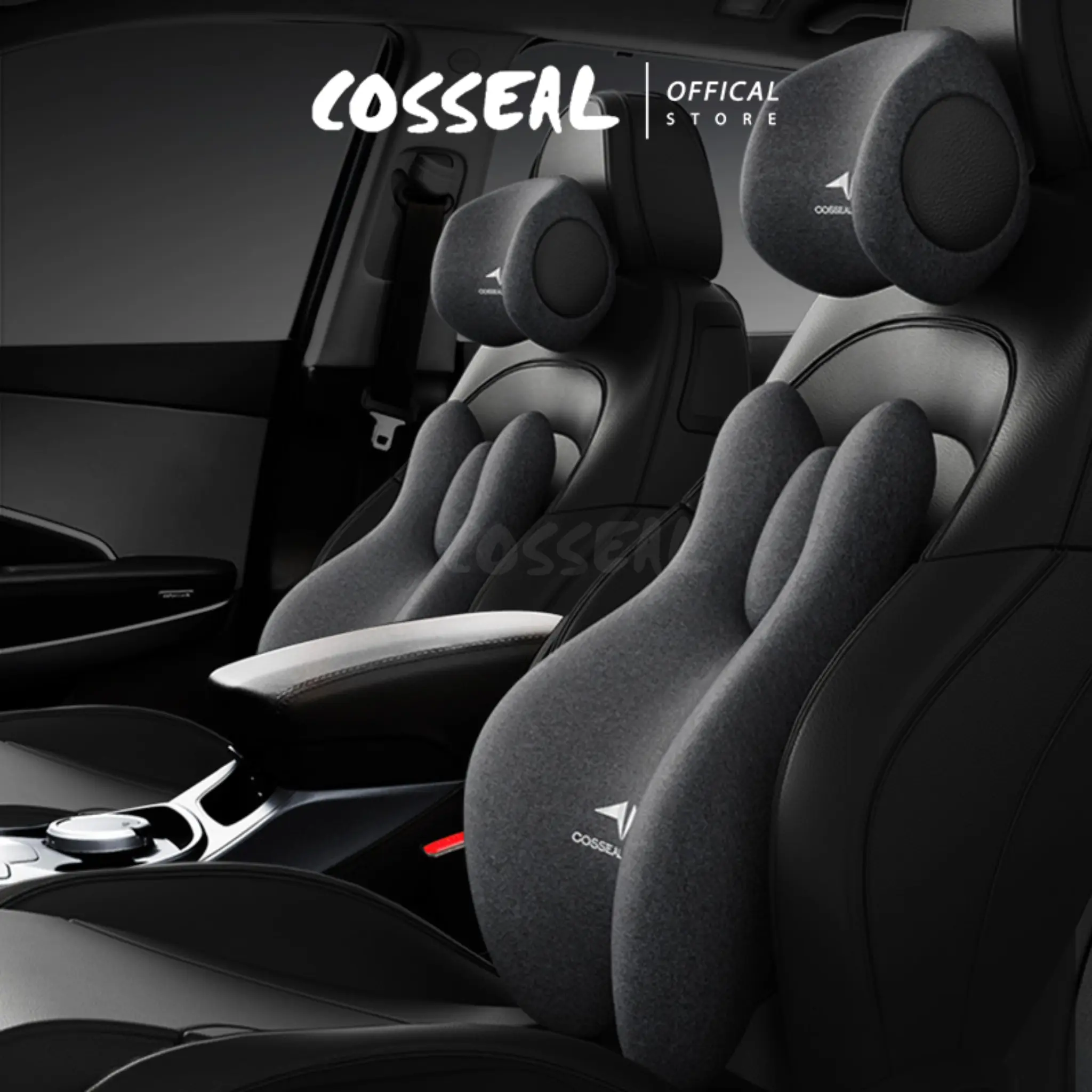 Cosseal Combo Gối Tựa Đầu Và Tựa Lưng Ô Tô Tích Hợp Massage Chườm Nóng Gối Tựa Cao Su Non, Giảm Đau Mỏi Cổ Vai Cột Sống