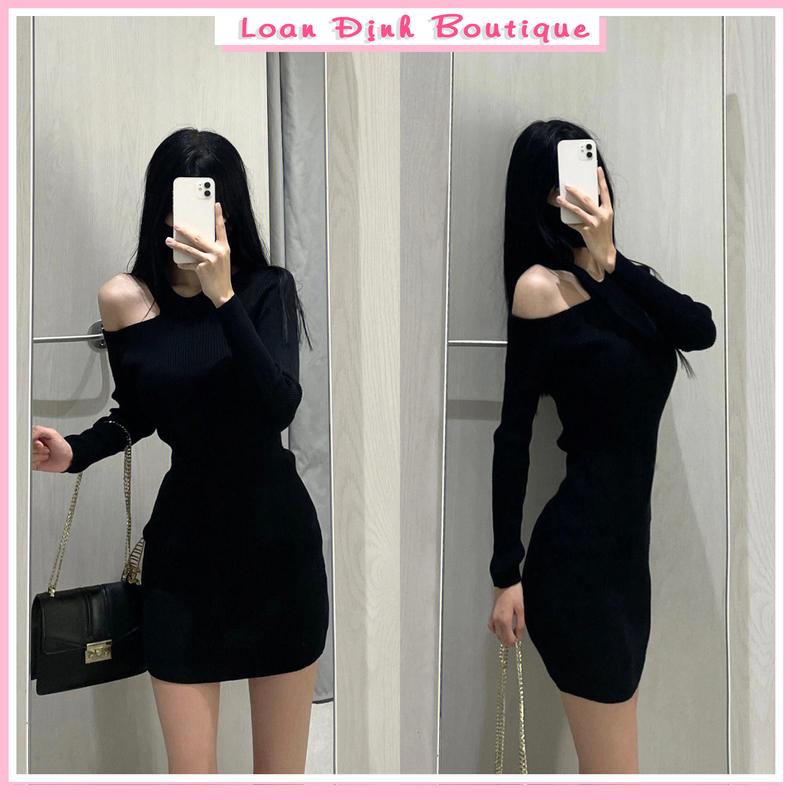 Váy Len Tăm Hở Vai Dài Tay Thu Đông Đầm Body Nữ Ôm Dáng Loan Định Boutique LD169 Dress Màu Đen