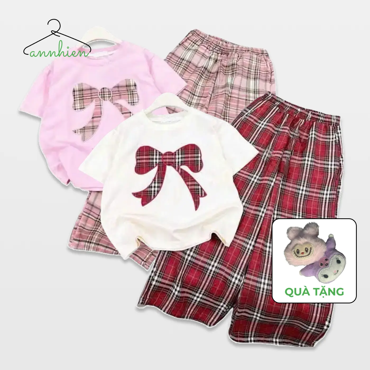(Tặng mặt gấu bông) Set đồ bé gái quần dài áo thun (HOẠ TIẾT NƠ Ô VUÔNG, 2 MÀU) chất liệu cotton su thông thoáng