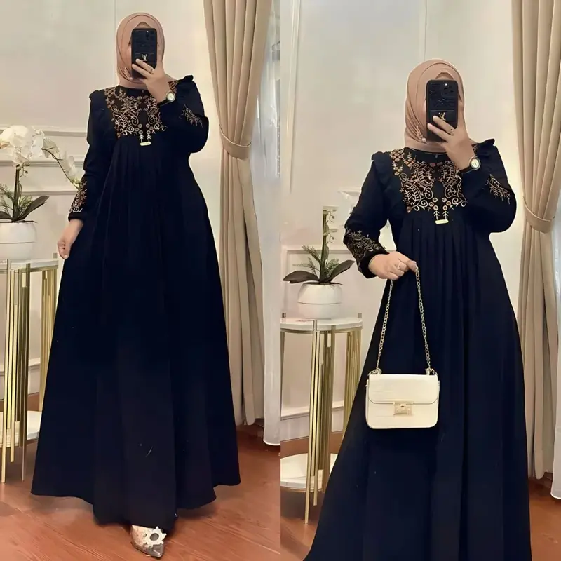Vigansya Design Lunara Maxi Dress Bahan Cringkle Airlfow Aplikasi Bordir Mewah Elegant Kekinian 3