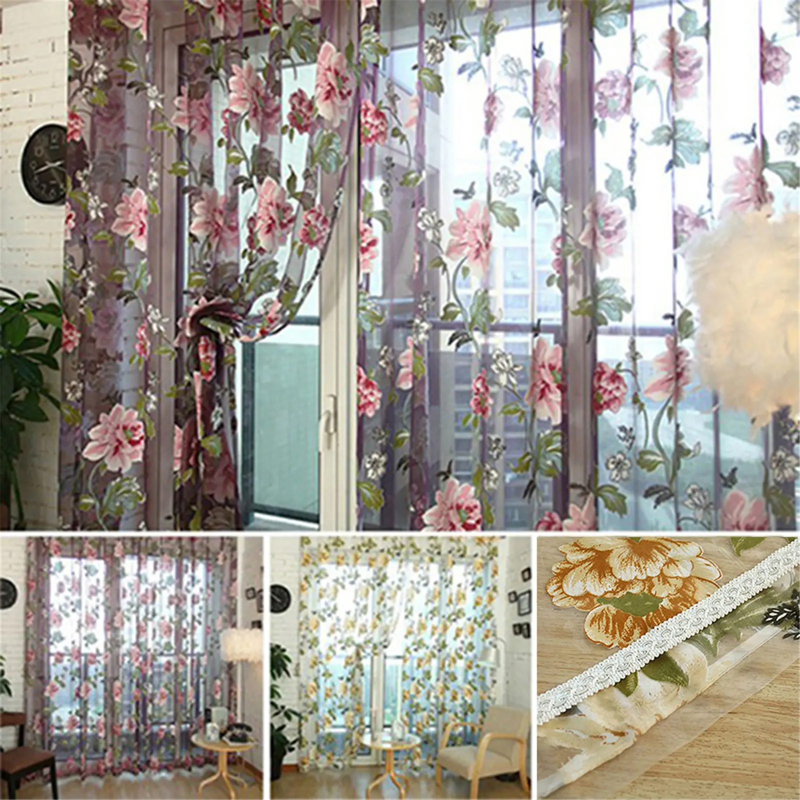 Tulle Sheer Curtain Flower Pattern Valance Drape Polyester Living Room Kitchen Sheer Curtain for Home