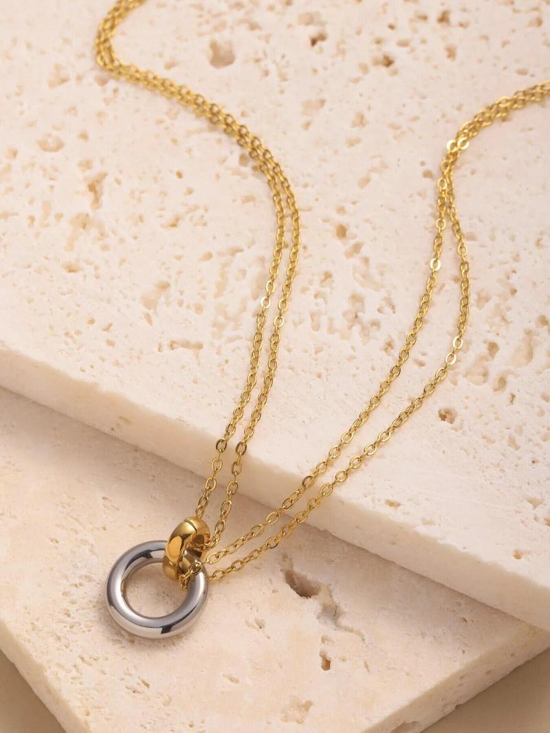 Product Introduction of Unisex minimalist gold stainless steel double chain necklace with steel color ring pendantsornament 20