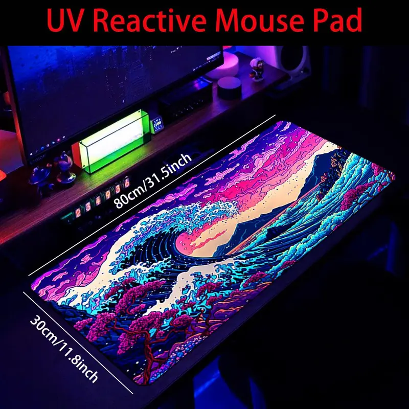 Sea Wave Pattern Mouse Pad, UV Reactive Large Gaming E-sports Computer Thickened Fluorescent Mouse Pad, Rubber Mouse Pad 6