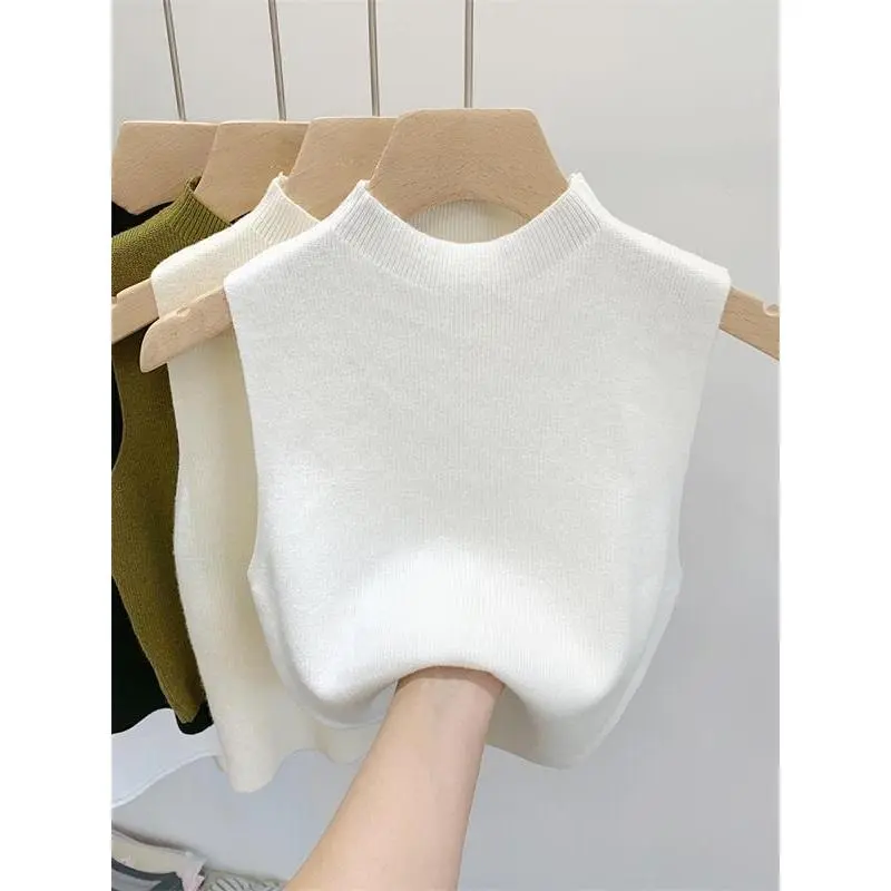 Knitted Sweater Bottoming Shirt Women's Half Turtleneck Camisole Short Top Outer Wear Sleeveless Womenswear Lingerie