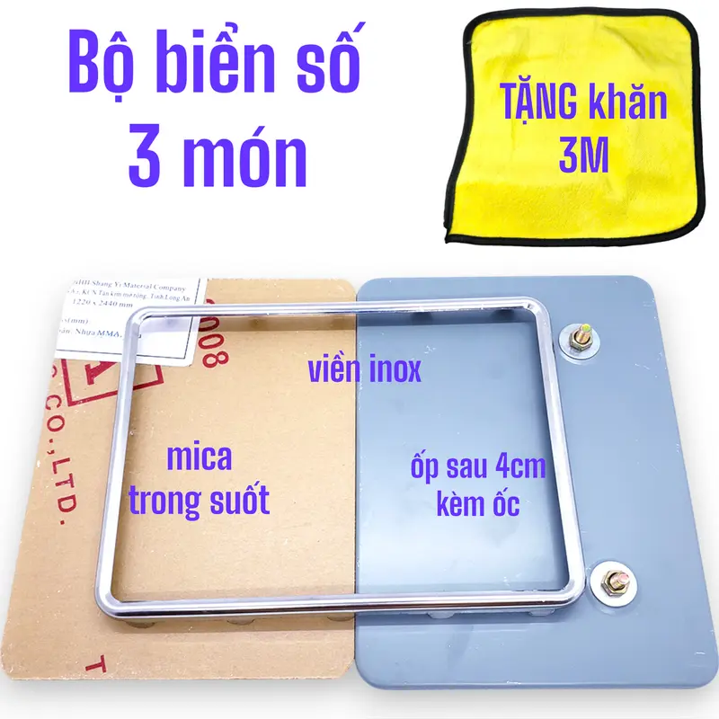 Khung biển số xe máy inox TẶNG khăn 3M, bộ mica+viền+ốp 0